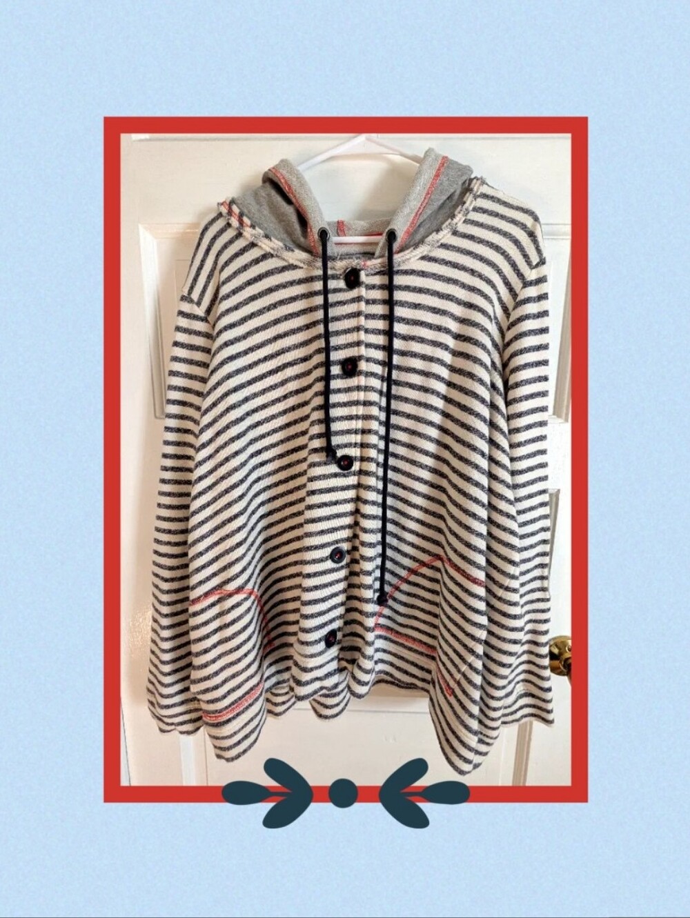 Evy's Tree Off White, Navy & Red Stripe Hoodie With Raw Edge Accents, 2X